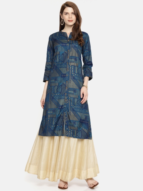 

Global Desi Women Teal Blue & Gold-Toned Printed A-Line Kurta