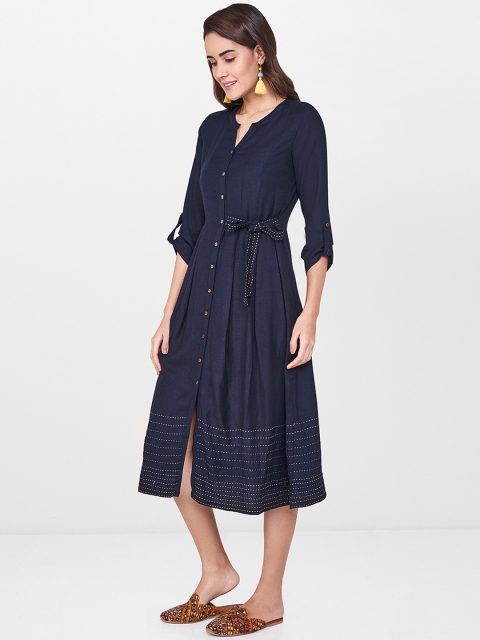 

Global Desi Women Solid Navy Blue A-Line Dress