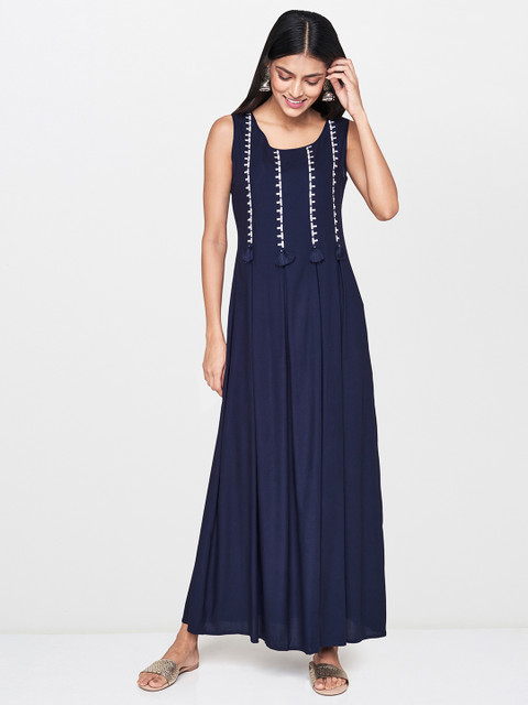 

Global Desi Women Solid Navy Blue A-Line Maxi Dress