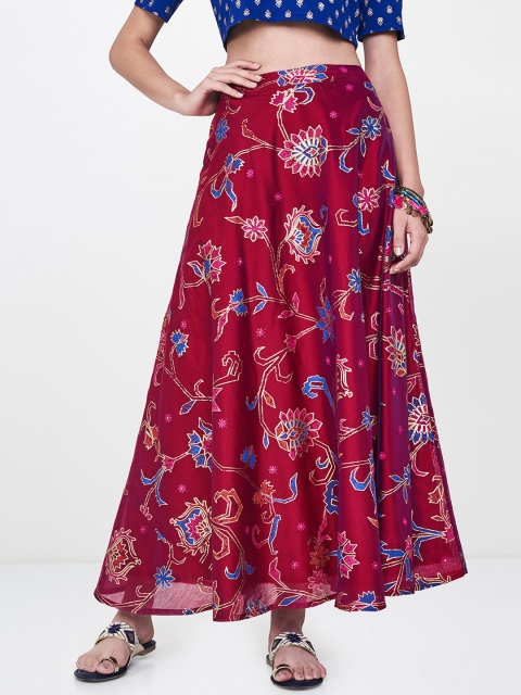 

Global Desi Women Maroon & Gold-Toned Printed Flared Maxi Skirt