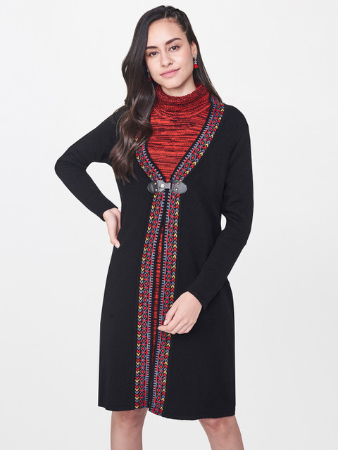 

Global Desi Women Black Solid Front-Open Sweater with Wove-design Detail