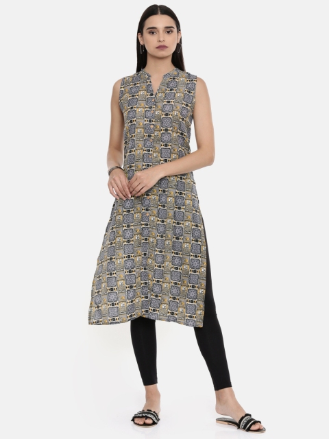 

Global Desi Grey & Mustard Yellow Printed Tunic