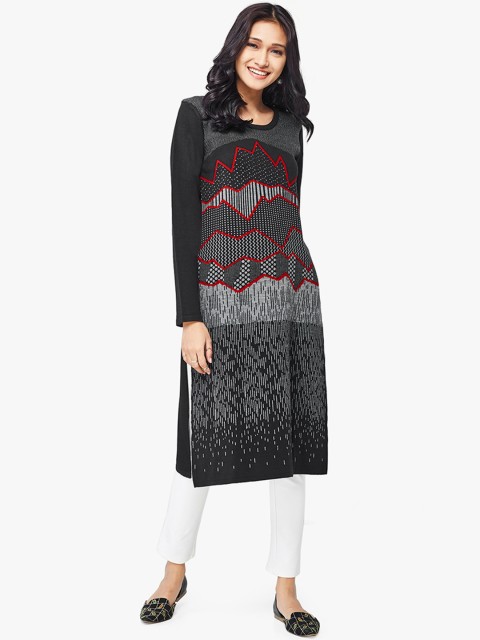 

Global Desi Women Black & Grey Printed Straight Kurta