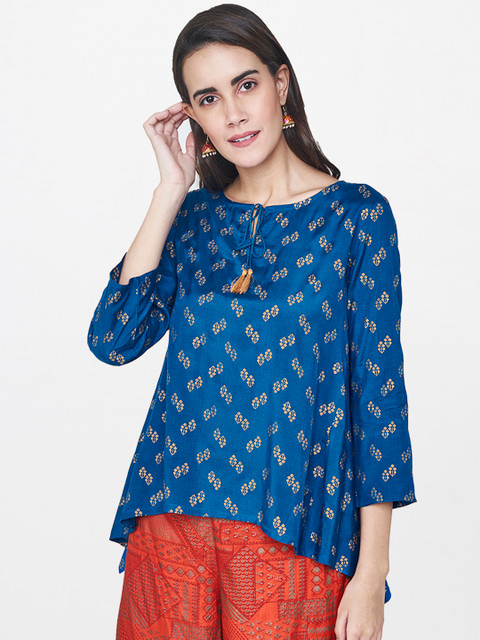 

Global Desi Women Blue & Gold-Toned Printed Regular Top