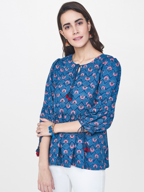 

Global Desi Women Blue Printed A-Line Top