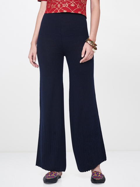 

Global Desi Women Navy Blue Regular Fit Self Design Knitted Regular Trousers