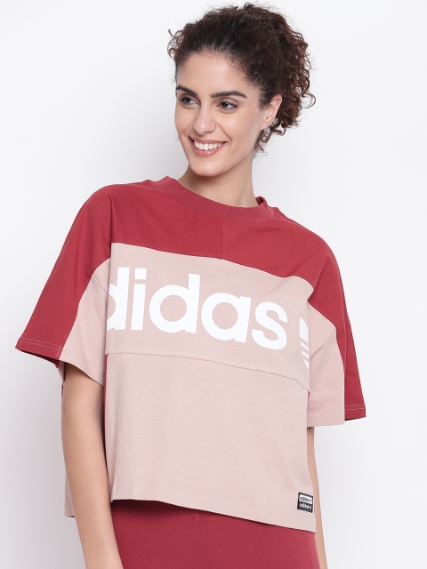 

ADIDAS Originals Women Peach-Coloured & Maroon Boxy Colourblocked T-shirt