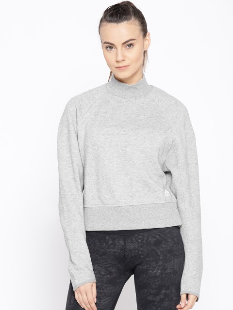 

ADIDAS Women Grey Melange Relaxed Fit Printed Back Varcity Crew Cropped Sweatshirt