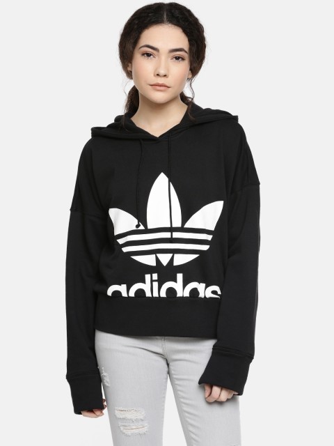 

ADIDAS Originals Women Black & White Printed Hooded Pullover Sweatshirt