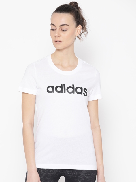 

ADIDAS Women White Black Essentials Linear Slim Fit Printed Atheletics Pure Cotton T-shirt