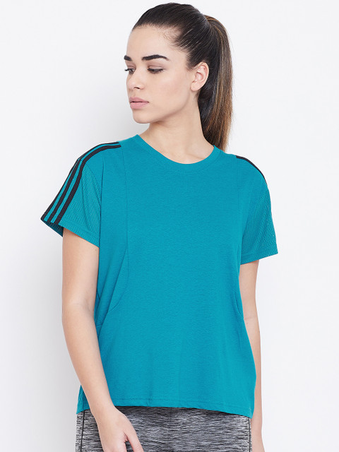 

ADIDAS Women Blue Solid Mesh 3 Stripes Training T-Shirt
