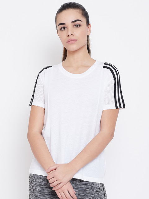 

ADIDAS Women White Solid Mesh 3 Stripes Training T-Shirt