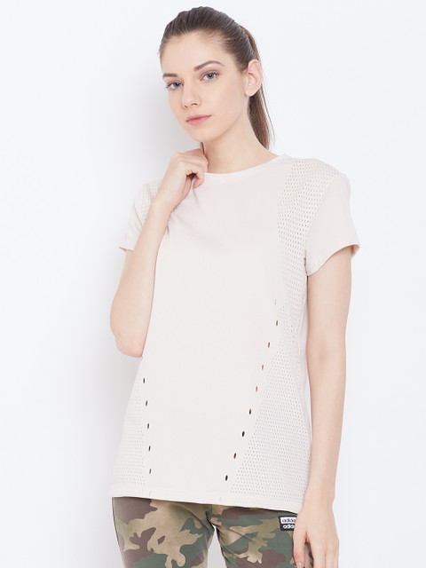 

ADIDAS Women Beige Engineered Self Designed Training T-Shirt