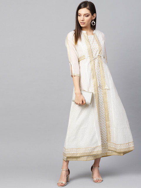 

Varanga Women Off-White & Golden Layered Solid A-Line Kurta