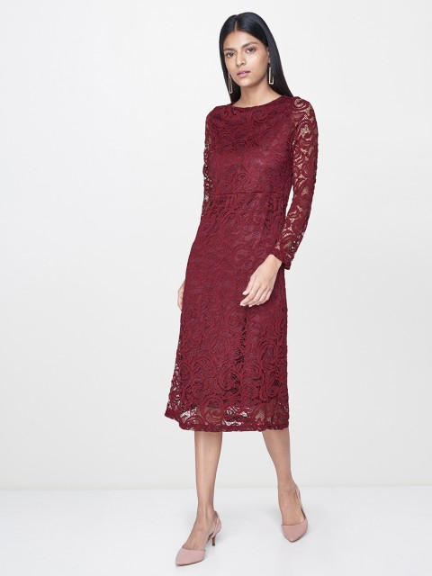 

AND Women Maroon Solid A-Line Lace Insert Dress