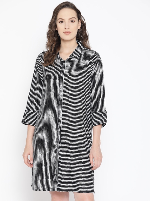 

AND Women Black & White Striped Shirt Dress