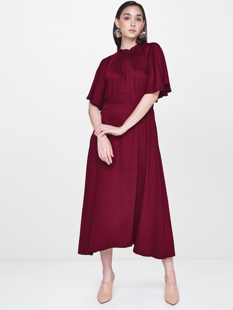 

AND Women Burgundy Solid Fit and Flare Dress with Gatherers