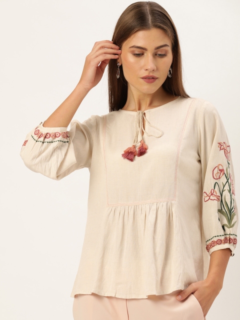 

AND Women Beige Solid Regular Top with Printed Sleeve