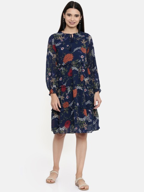 

AND Women Navy Blue Printed A-Line Dress