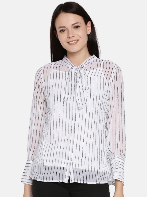 

AND Women White Striped & Black Shirt Style Top
