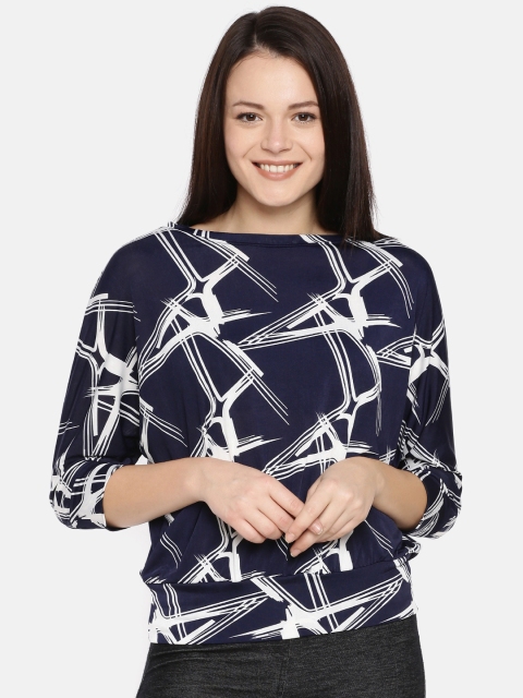 

AND Women Navy Blue & White Printed Blouson Top