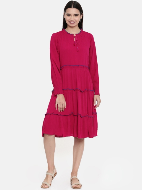 

AND Women Pink Solid Tiered A-Line Dress
