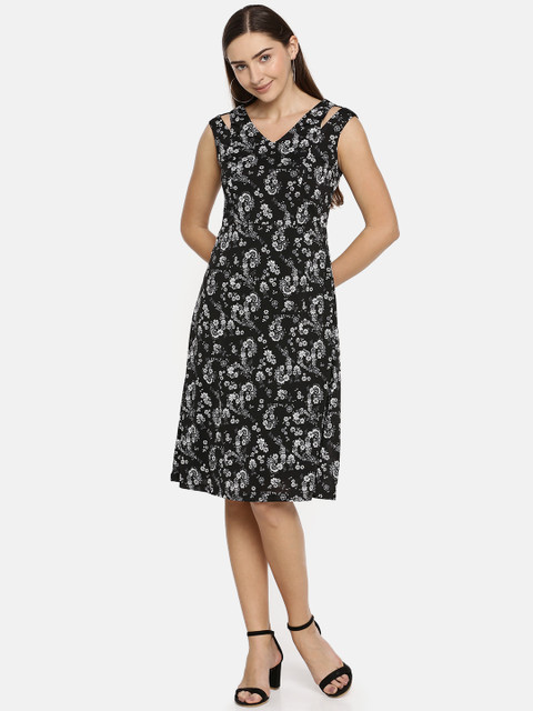

AND Women Black Floral Printed A-Line Dress