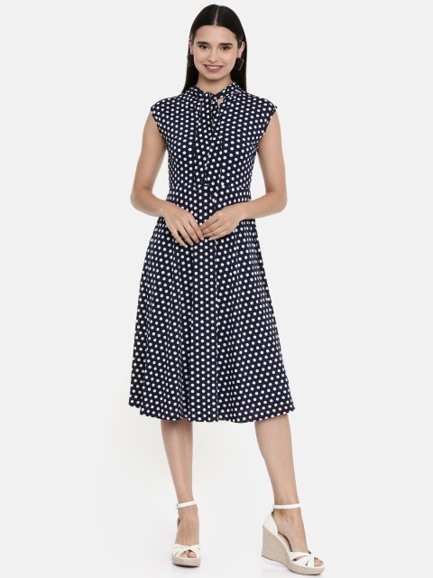 

AND Women Navy Blue & White Polka Dots Printed Fit and Flare Dress
