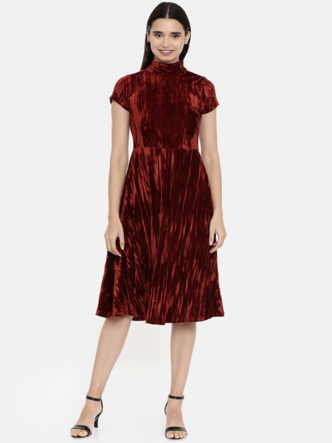 

AND Women Solid Rust Brown Fit and Flare Dress