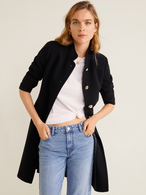 

MANGO Women Black Solid Longline Coat