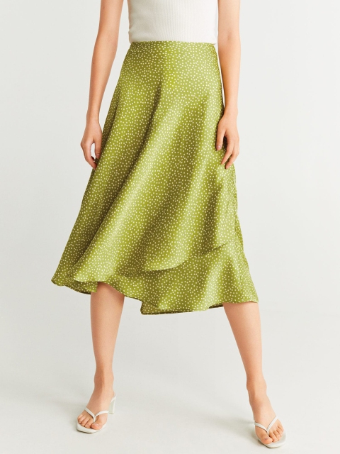 

MANGO Women Green & Beige Printed Midi Wrap Skirt with Satin Finish