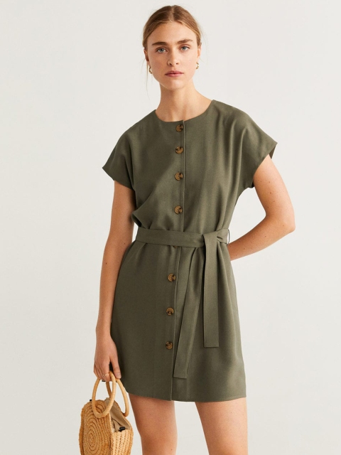 

MANGO Women Solid Olive Green A-Line Dress