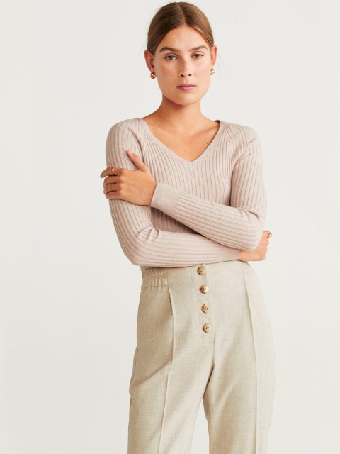 

MANGO Women Beige Ribbed Fitted Top