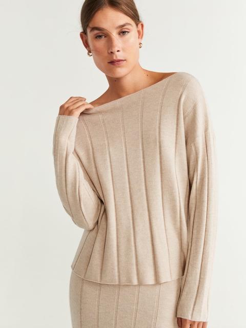 

MANGO Women Beige Self-Striped Top