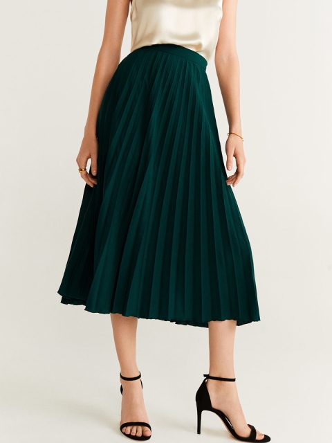 

MANGO Women Green Solid Accordion Pleats Midi Flared Skirt
