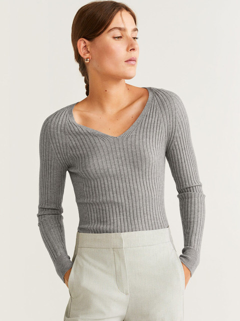 

MANGO Women Grey Ribbed Fitted Top