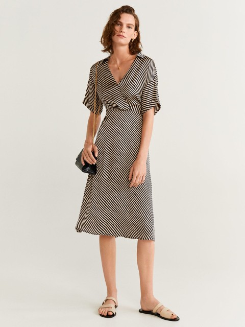 

MANGO Women Beige & Black Striped Wrap Dress