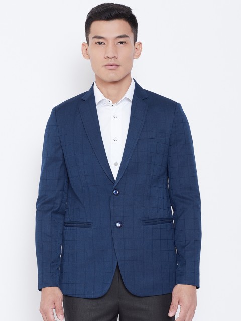 

Shaftesbury London Men Navy Blue Slim Fit Self-Checked Smart Casual Blazer