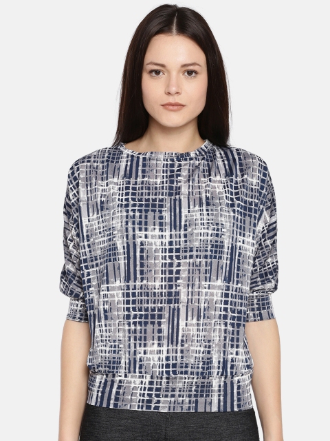 

AND Women Navy Blue & White Checked Blouson Top