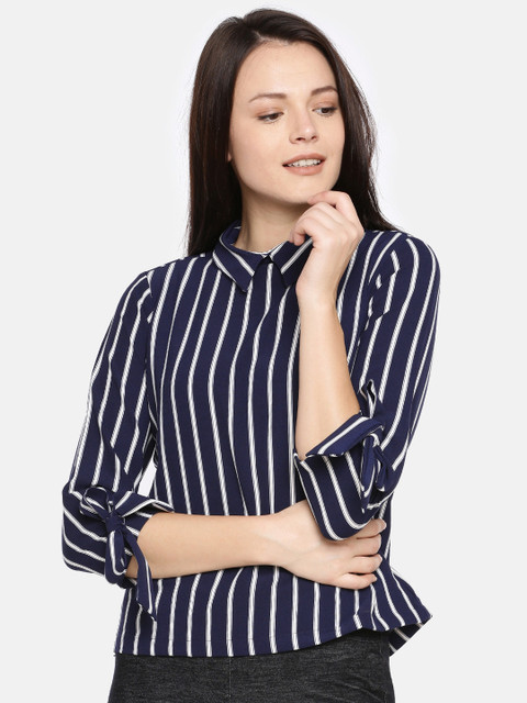 

AND Women Navy Blue & White Striped Top