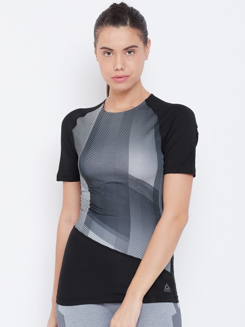 

Reebok Women Black & Grey One Series Compression Training Striped T-Shirt