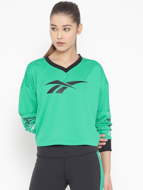 Reebok Classic Women Green & Black Printed Vector Cropped T-shirt
