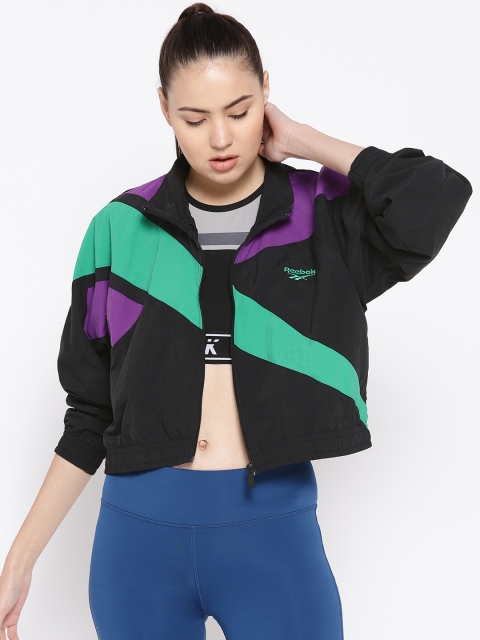

Reebok Classic Women Black & Green Colourblocked Vector Cropped FR Track Top