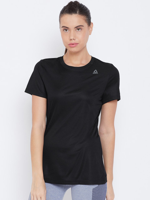 

Reebok Women Black Foundation Poly Slim Fit Solid Round Neck T-shirt