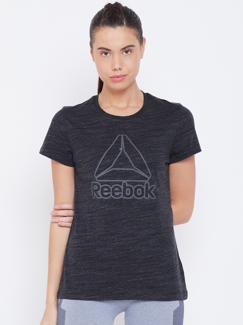 

Reebok Women Charcoal Grey Slim Fit Training Essentials Marble Logo Printed T-Shirt