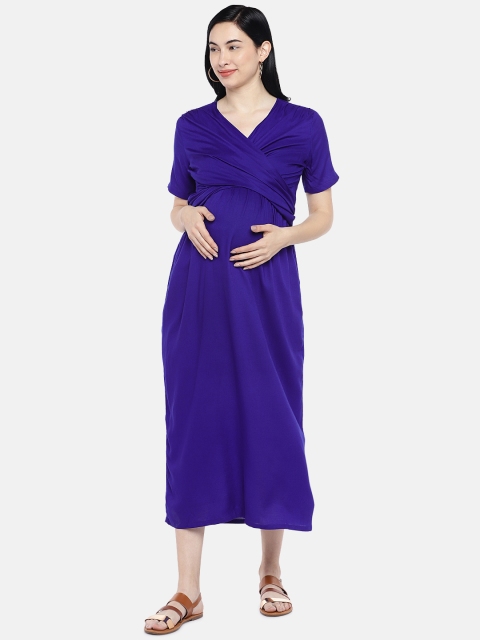 

Blush 9 Maternity Women Solid Blue Wrap Dress