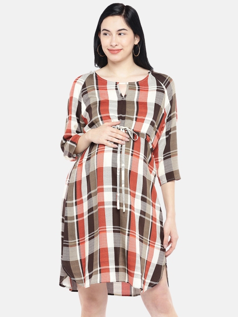 

Blush 9 Maternity Women Checked Orange Fit and Flare Dress