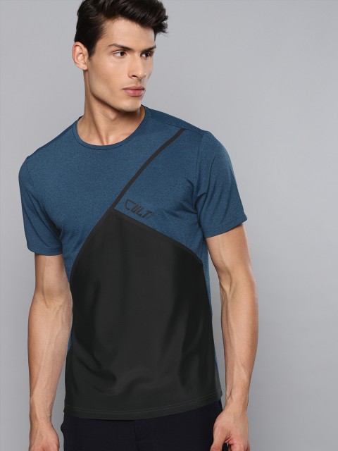 

Cultsport Men Black & Teal Blue Flydry Colourblocked Round Neck Running T-shirt