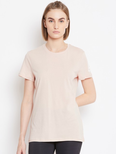 

Reebok Women Beige Slim Fit Workout Ready Comm Solid Training T-Shirt