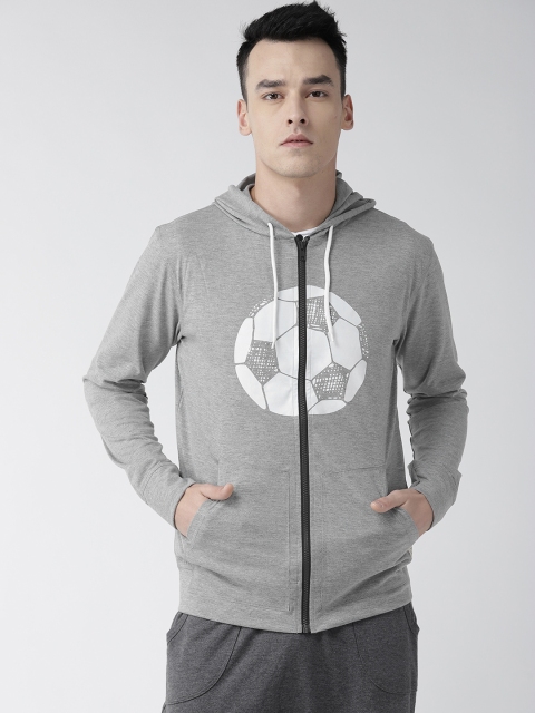 

Hubberholme Men Grey Melange & White Printed Hooded Sweatshirt